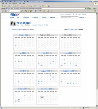 Screenshot of Flickr showing the archive of my photos posted in 2006 (calendar view)