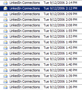 Screenshot of a lot of emails in my inbox from LinkedIn Connections in a very short period of time all saying my invitations were accepted