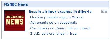 Screenshot of MSN.com's news feed from MSNBC with the headline Russin airliner crashes in Siberia