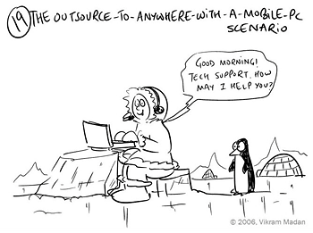 Screenshot from 'Mobile PC Planning - The Lost Scenarios.' Shows scenario 19, The Outsource-to-Anywhere-With-a-Mobile-PC-Scenario. An Eskimo is shown with a mobile PC sitting on a block of ice and he is saying "Good Morning! Tech Support. How may I help you?" while a penguin glares at him.