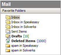 Screenshot of my Mail 'favorite' folders with 1000 messages in the Deleted Items
